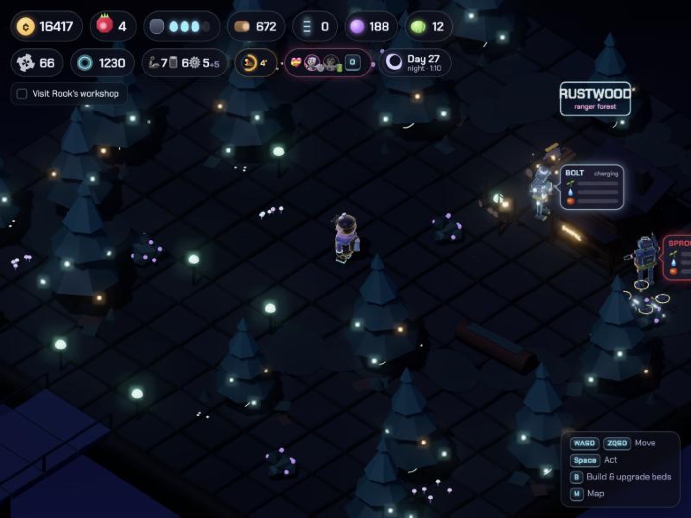 Rustwood at night, a dark forest of tall trees with fireflies