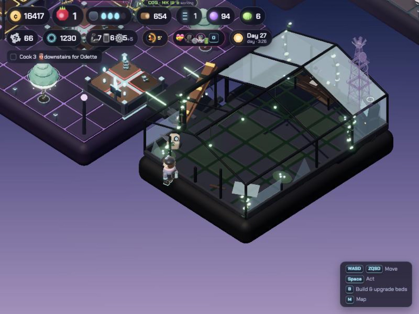 An old glass greenhouse with robots working inside