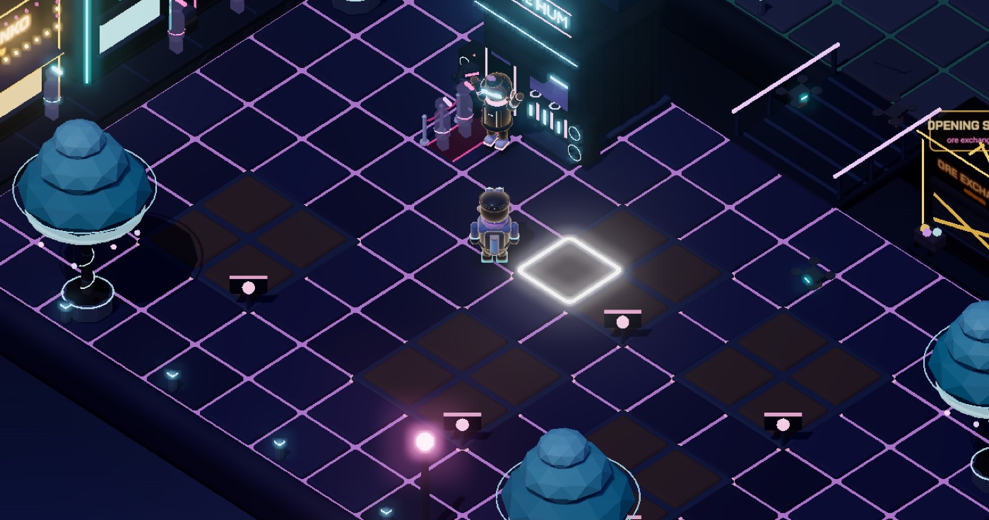 Neon Row at night with a glowing dancefloor outside The Hum