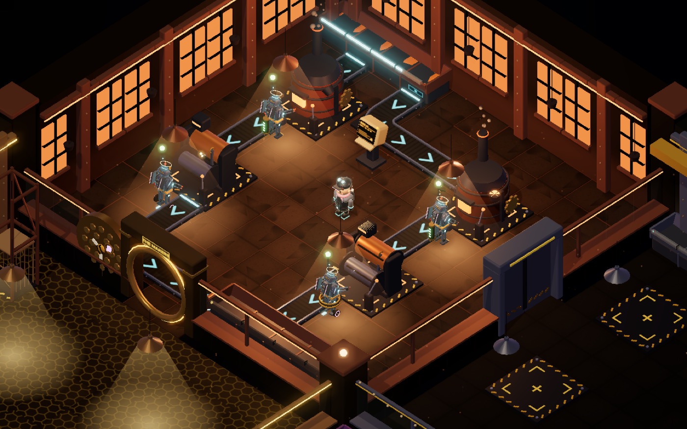 A warm factory hall with robots operating smelters and presses linked by conveyor belts