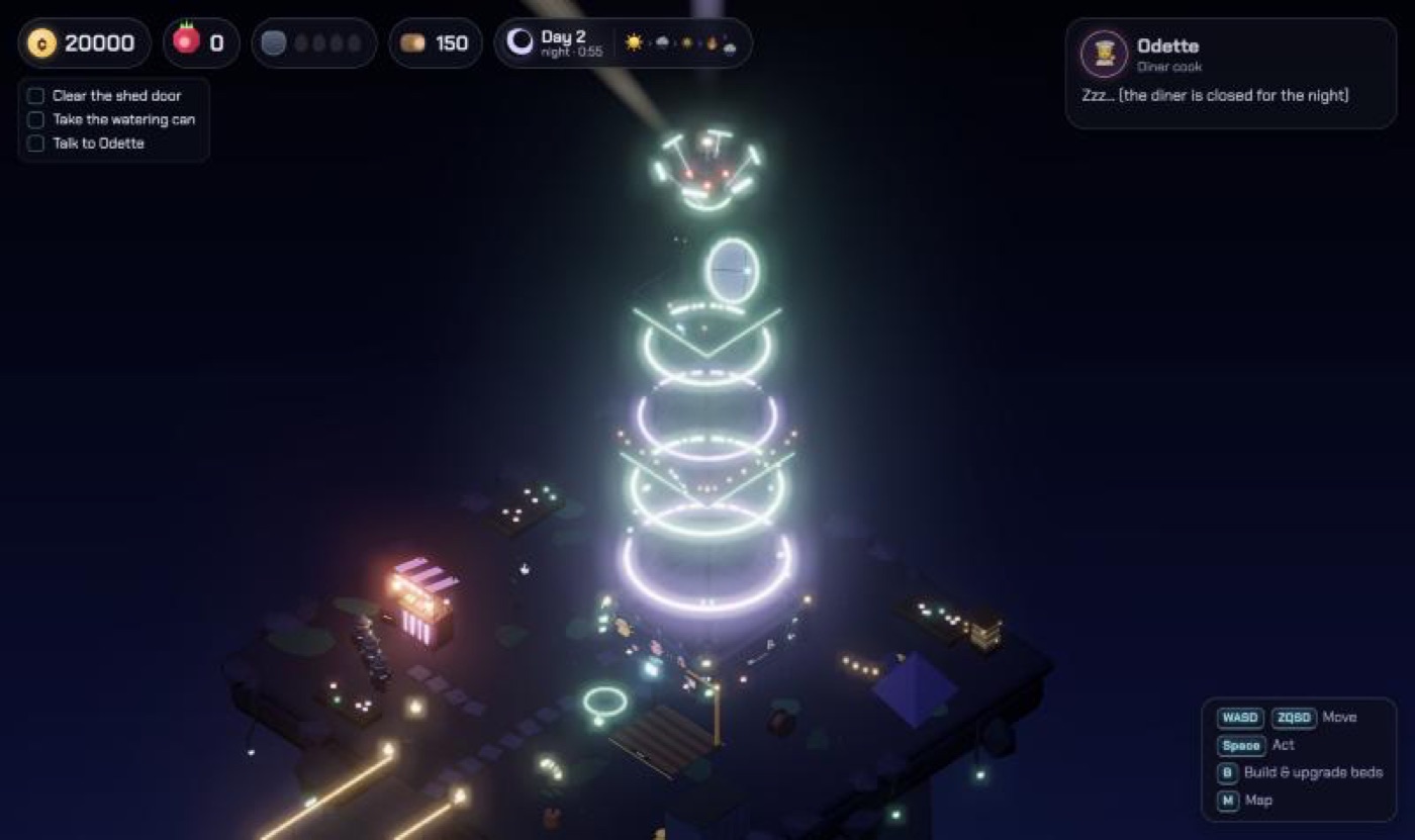 A tall relay tower glowing with rings of light on its own islet at night