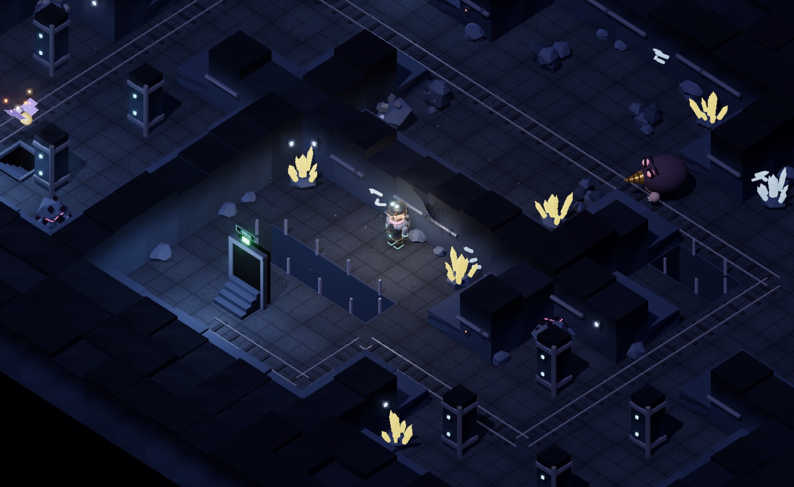 Underground mine galleries with glowing crystals